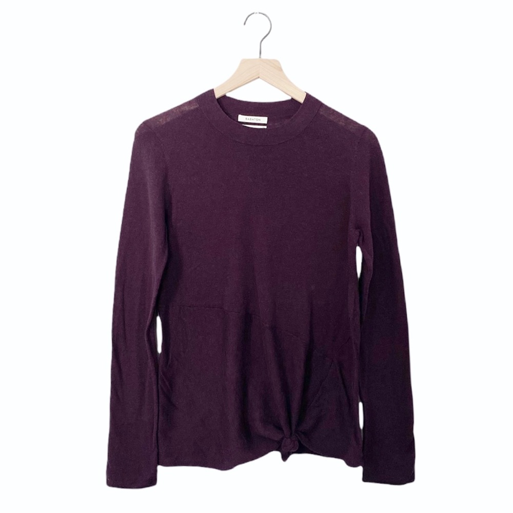Artizia Babaton Plum Wool Linen Blend Tie Knot Front Asymmetrical Knit Sweater